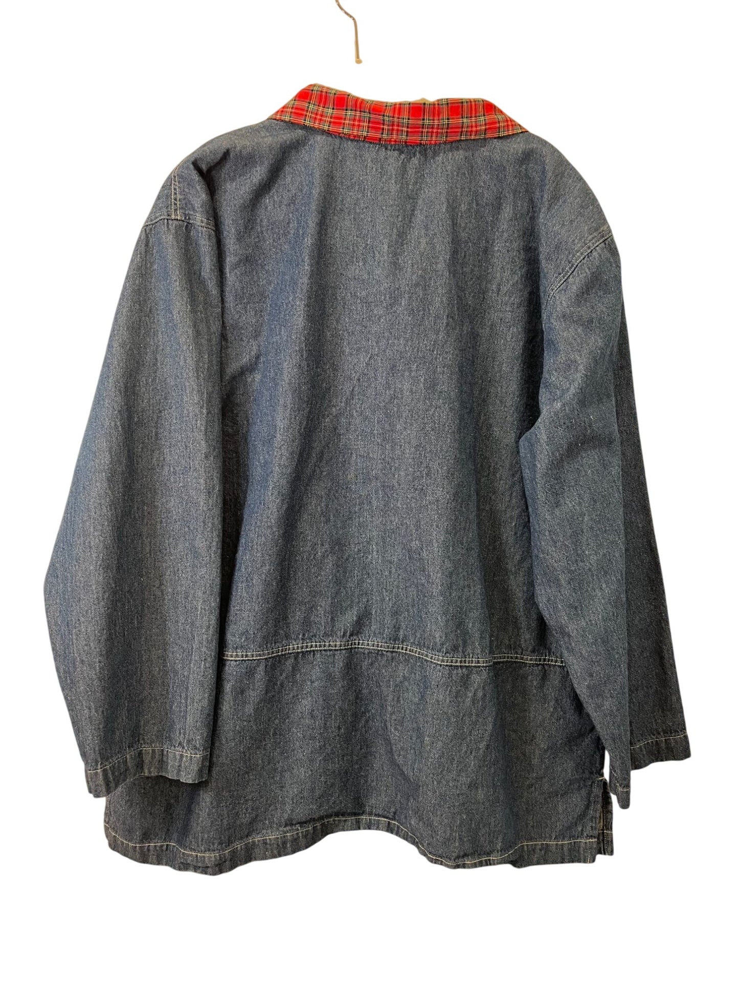 Vintage Capacity Denim Jacket With Red Plaid Collar
