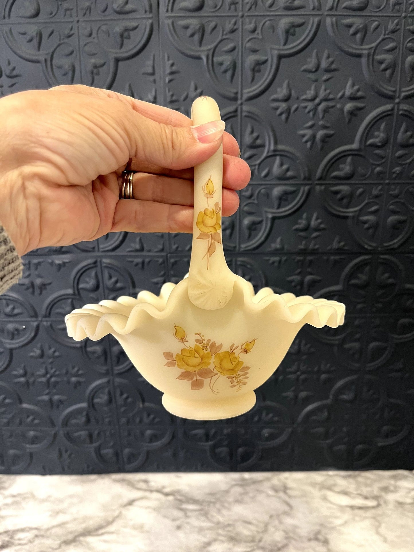 Fenton Custard Glass Hand Painted Basket