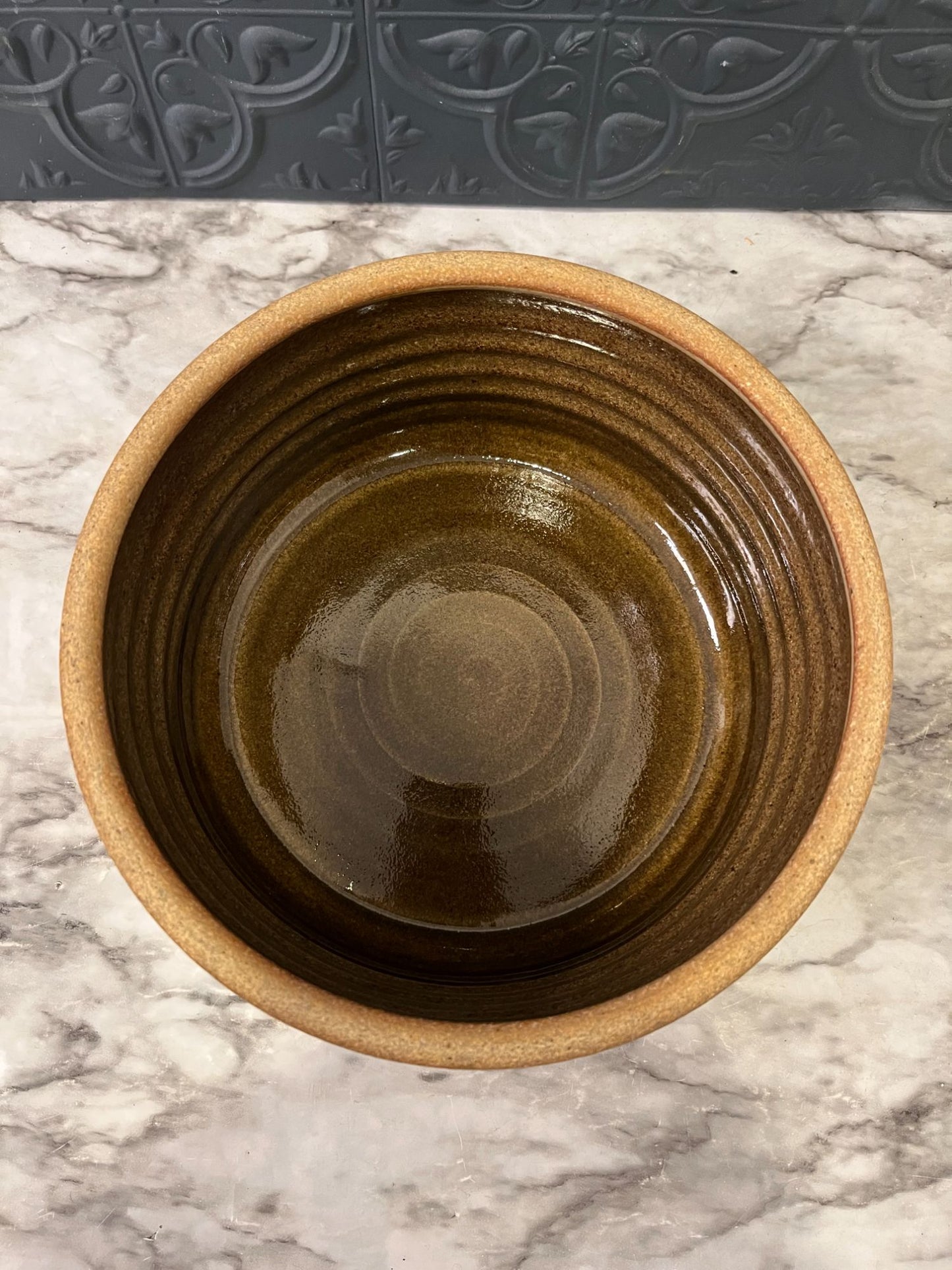 Tan Ribbed Pottery Bowl With Brown Glaze Inside