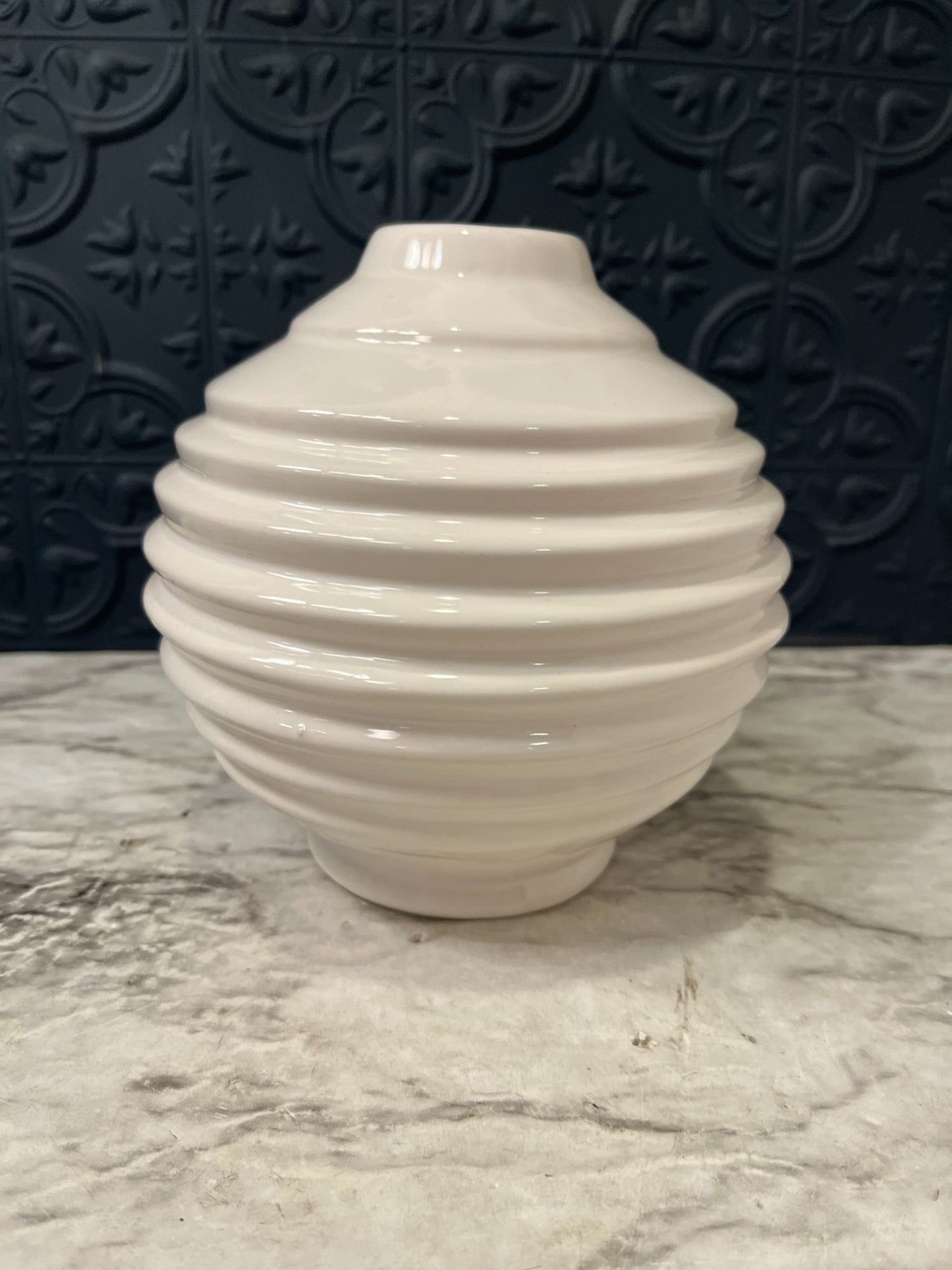 Round Ribbed White Ceramic Vase