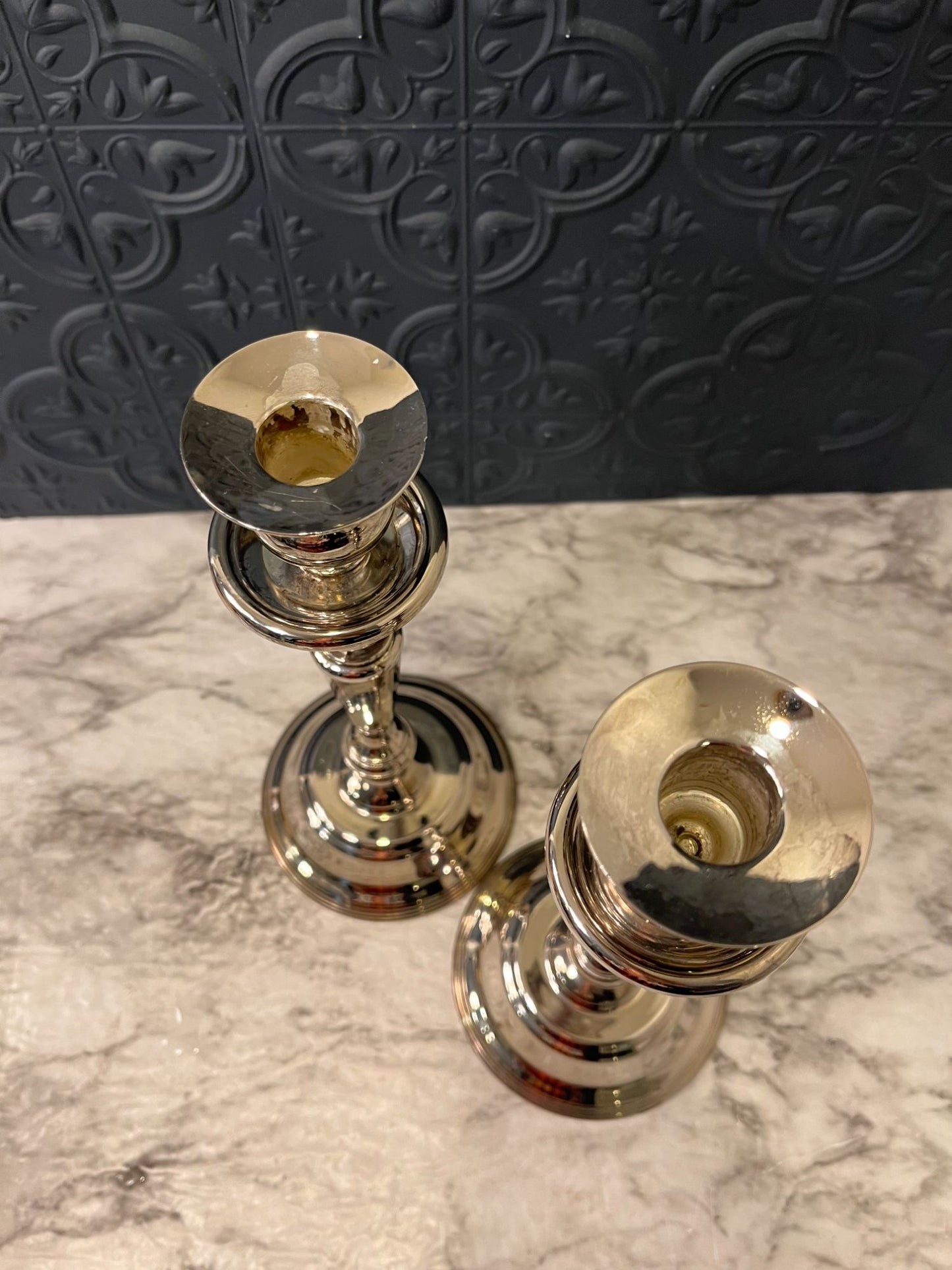 Tall Silver Candle Holders with round base x 2