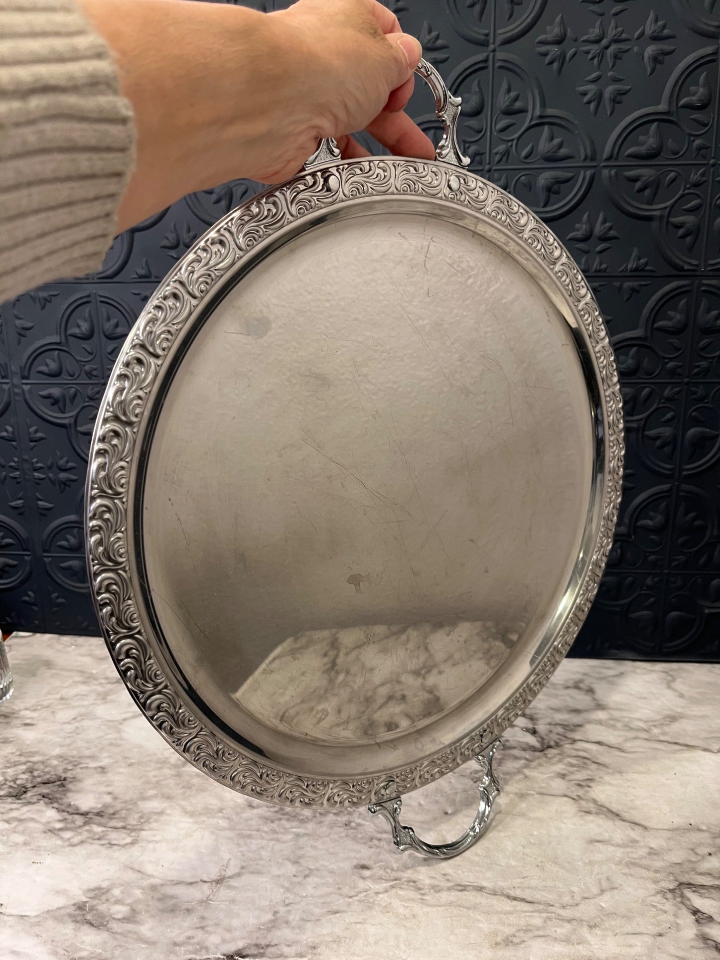 Round Silver plated tray with handles