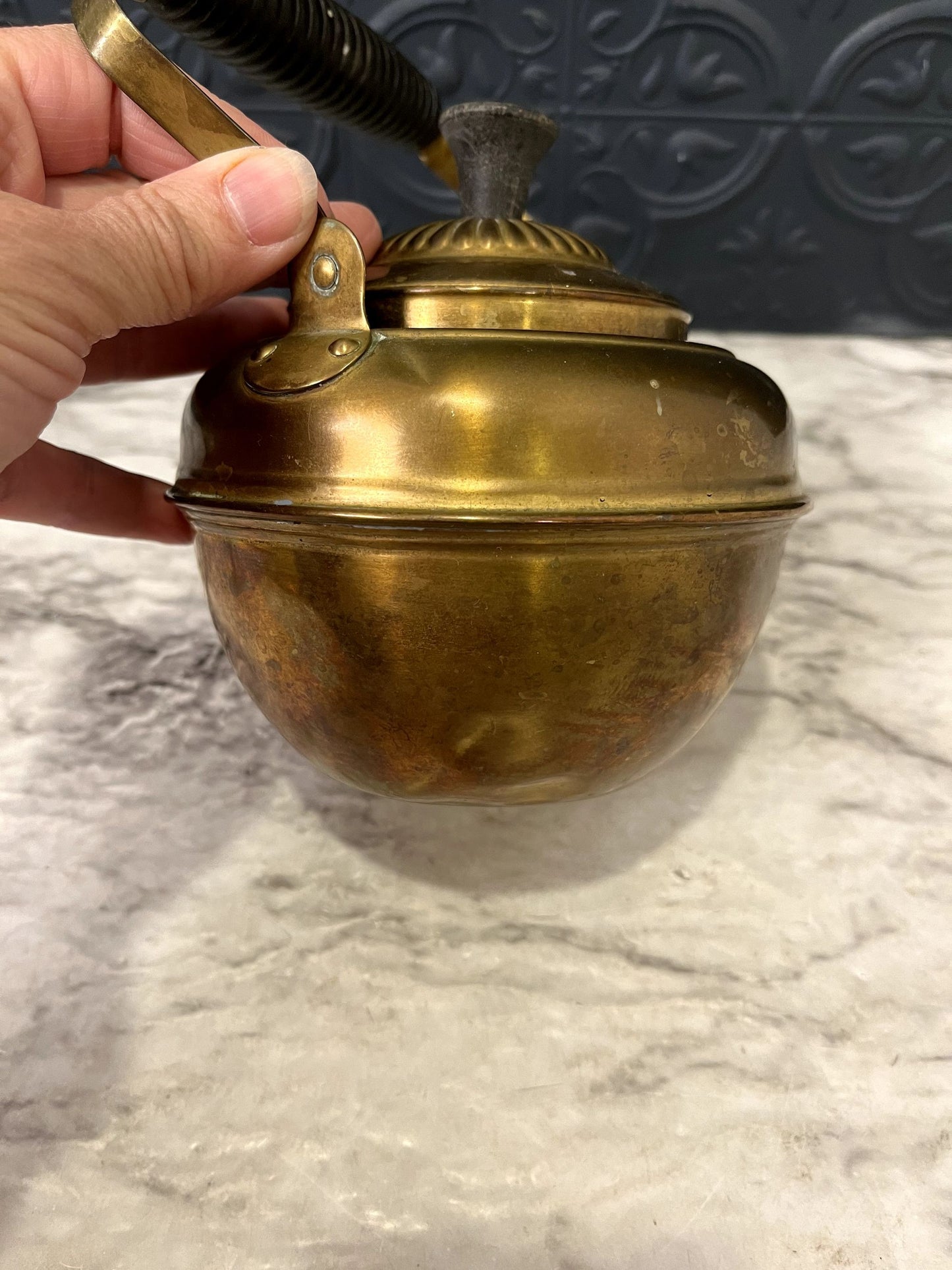 Brass Teapot With Black Ribbed Handle