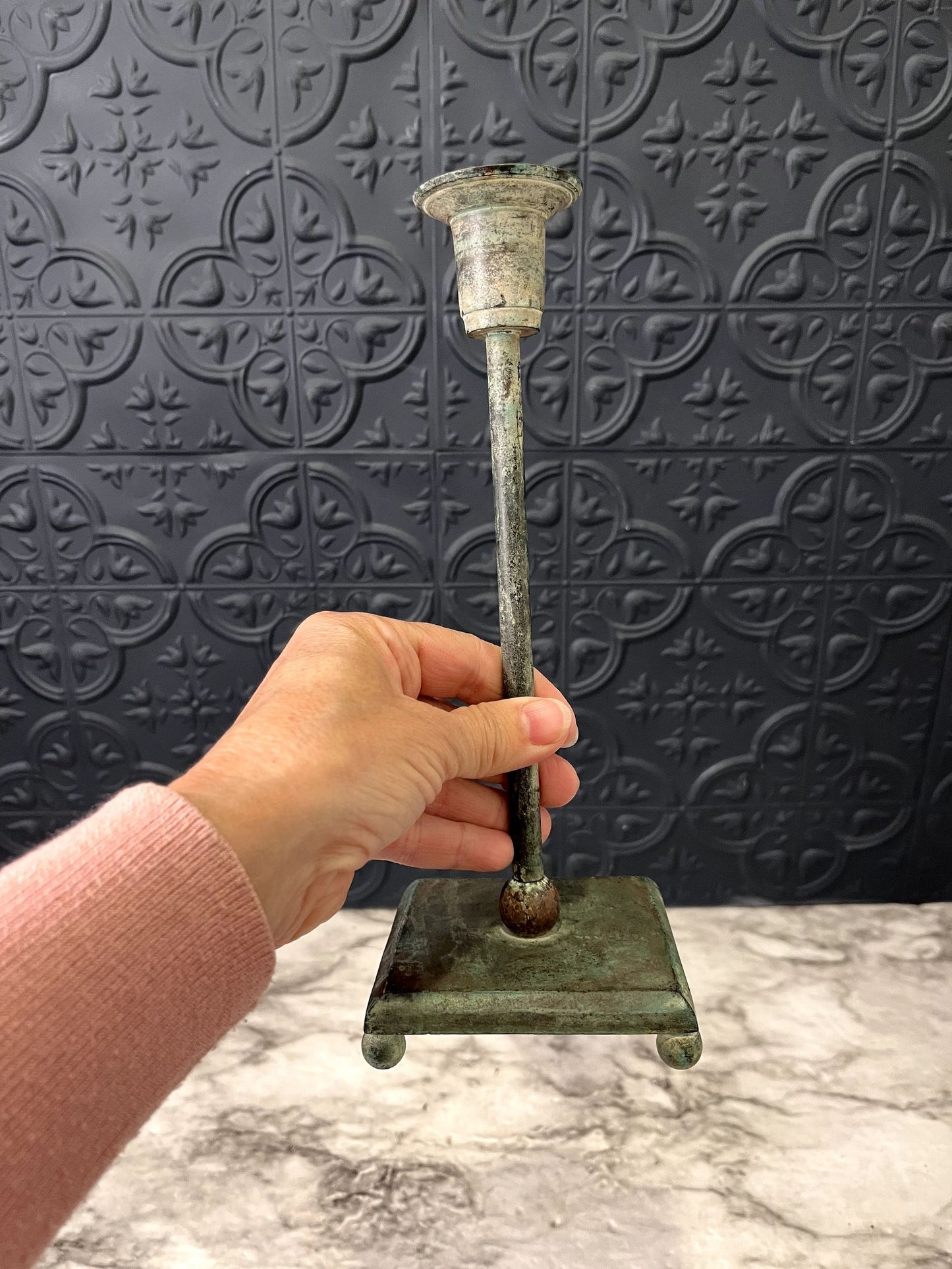 Brass Candle Holder Blue Patina