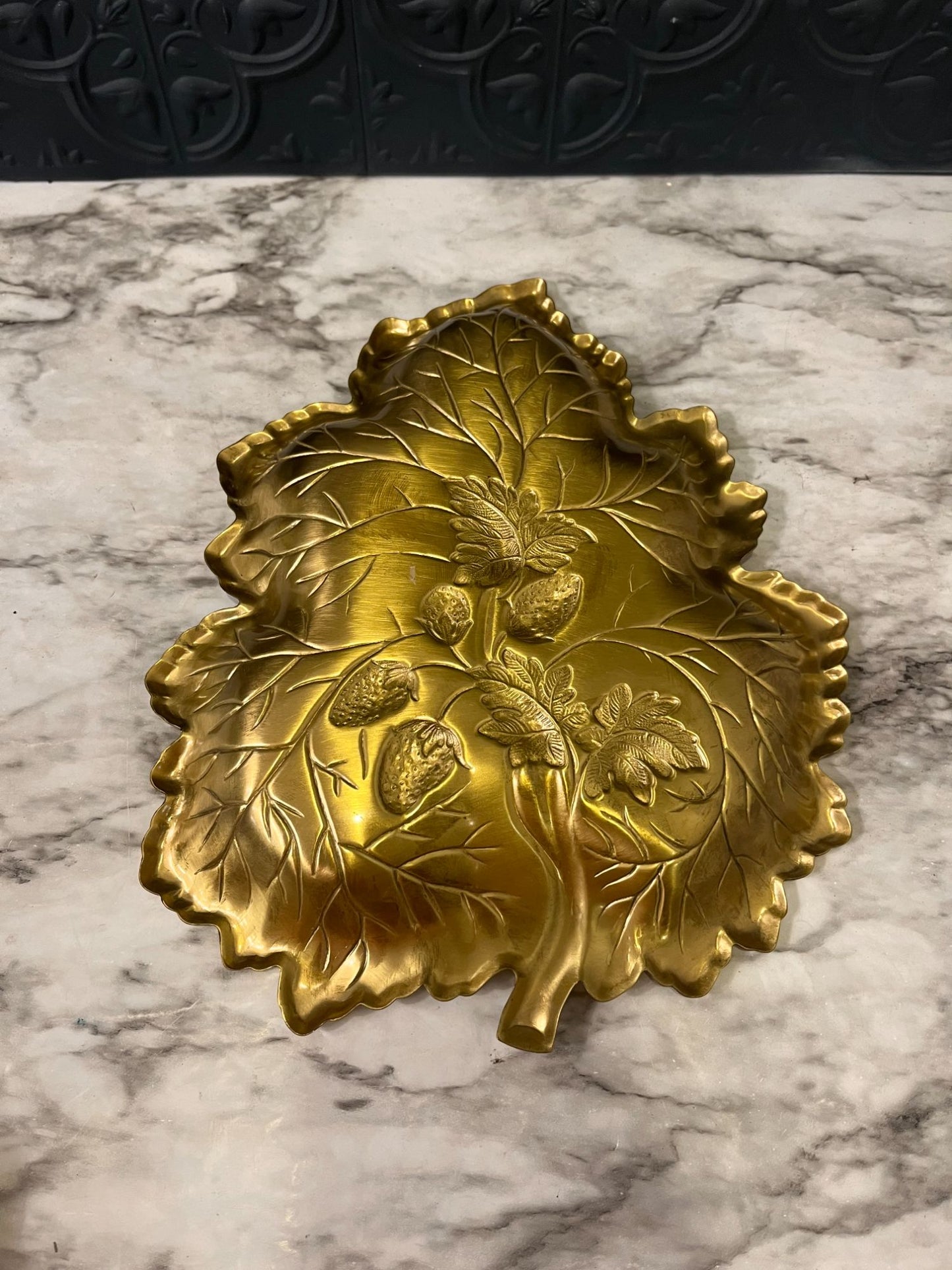 Brass Shaped Leaf Dish With Strawberries