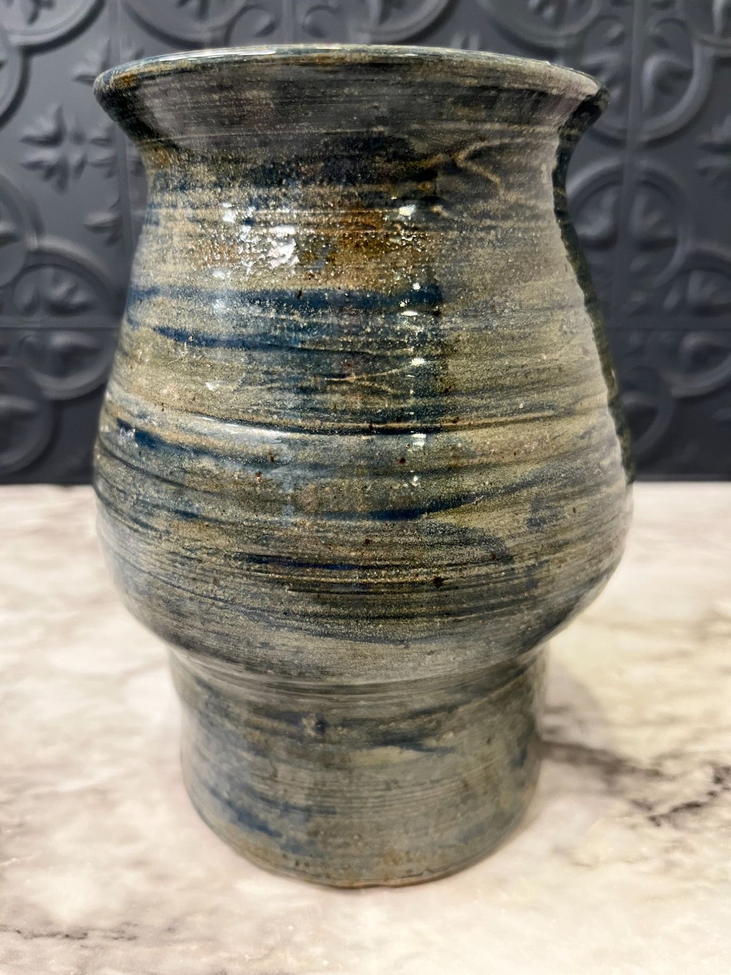 Blue Ribbed Glazed Pottery Vase