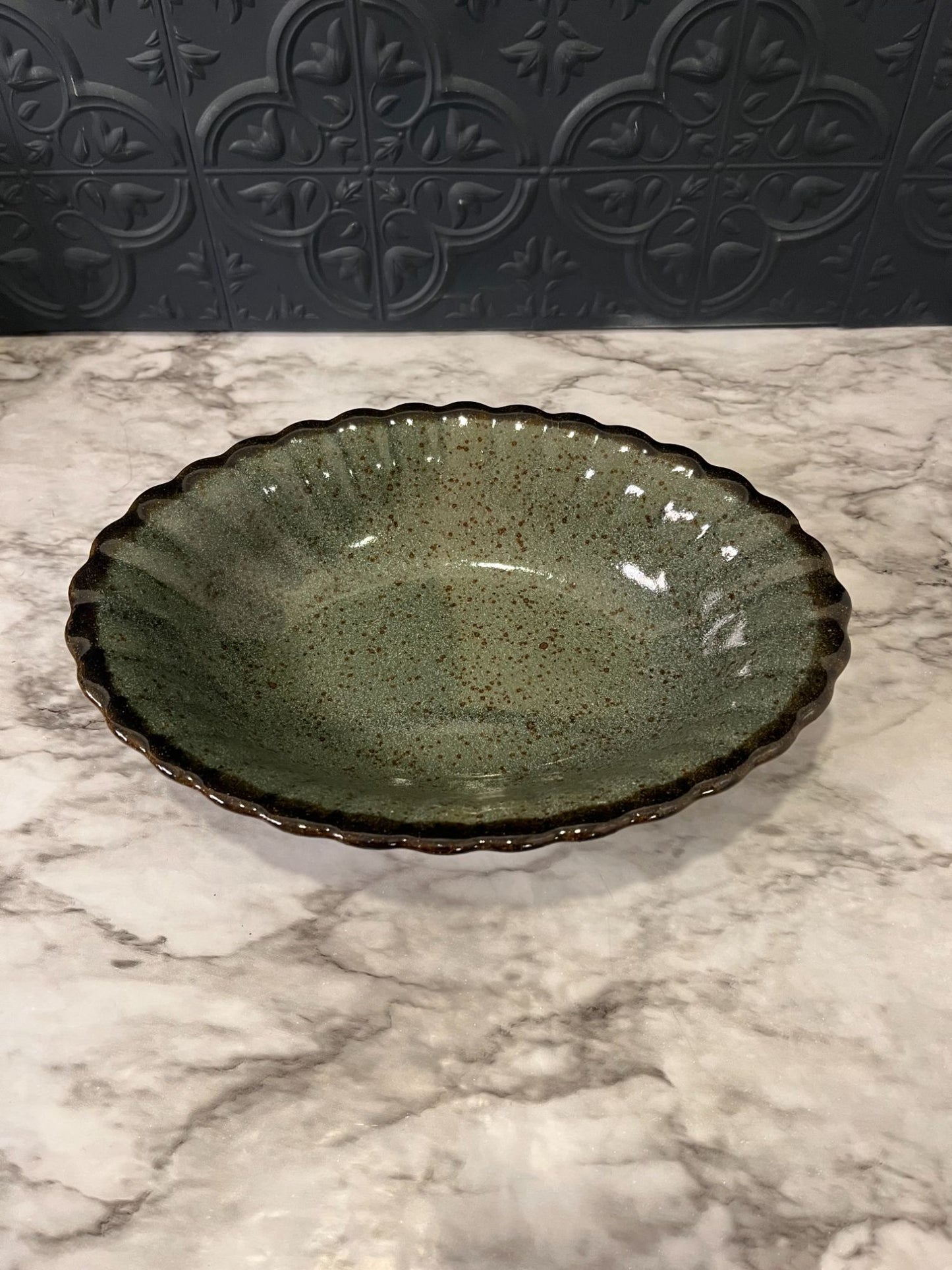Green and Brown scallop Pottery Bowl