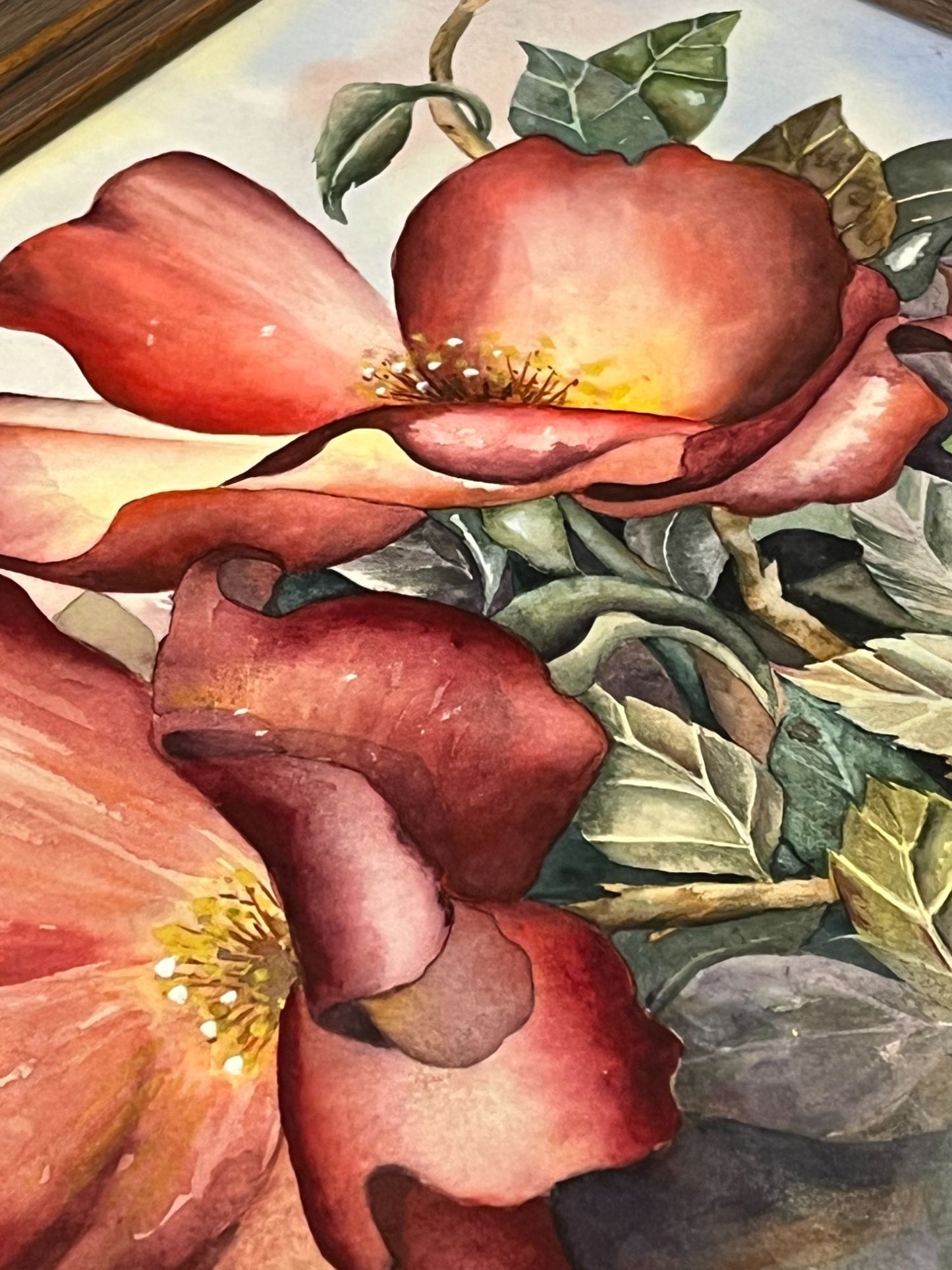 Original Watercolor Of Pink Flowers in Wood Frame Karen Chandler