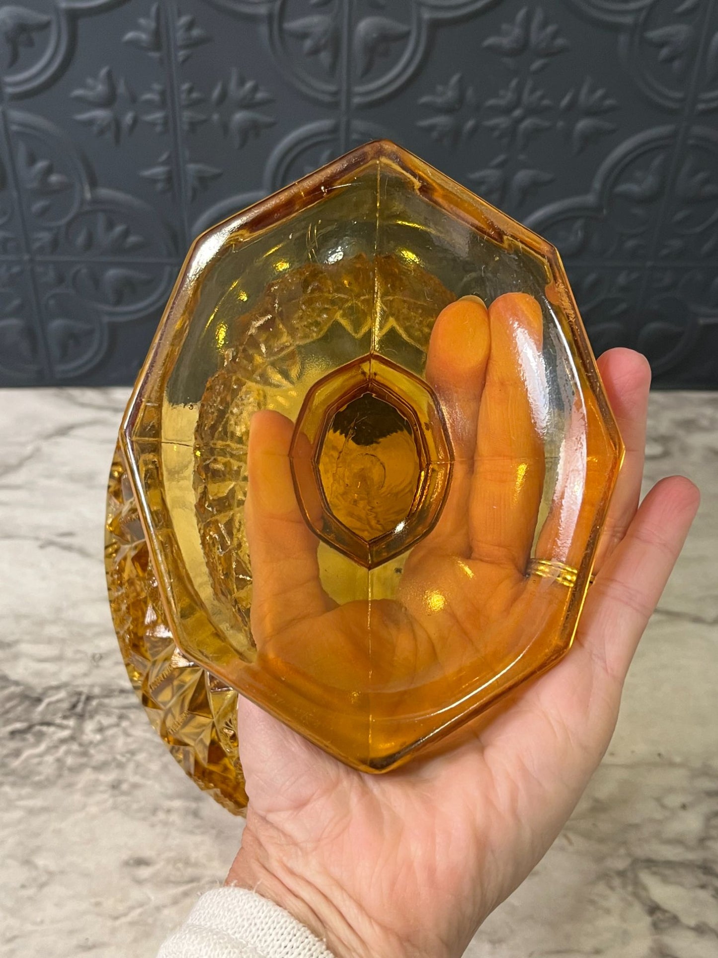 Kemble Wheaton Amber glass sawtooth pedestal bowl