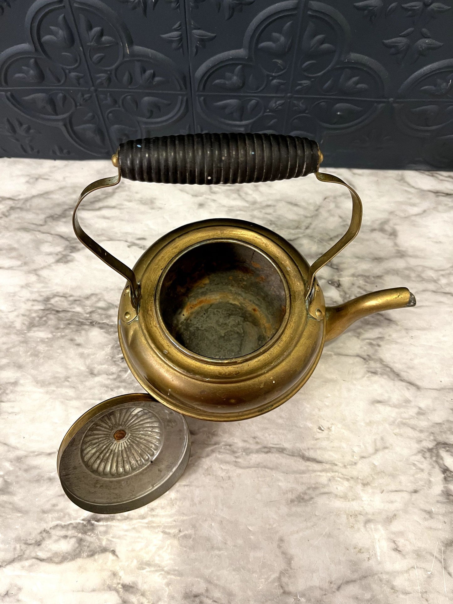 Brass Teapot With Black Ribbed Handle