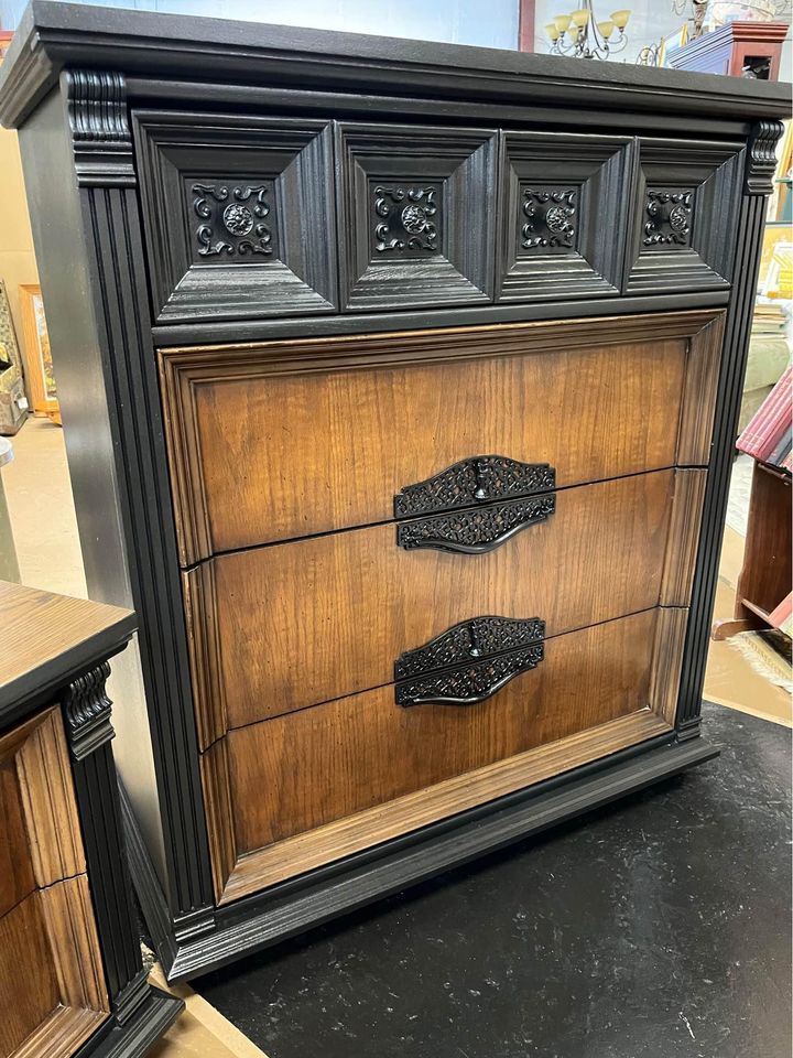 Black and wood Dresser and Nightstand Set