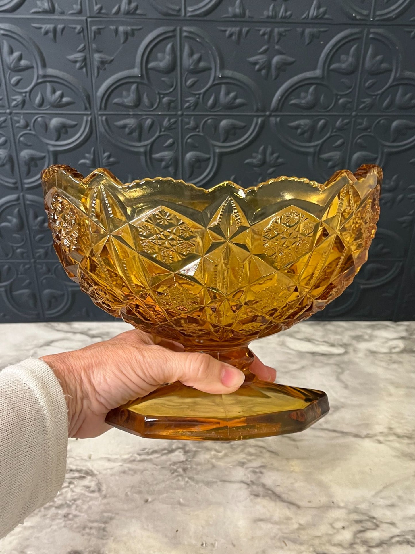 Kemble Wheaton Amber glass sawtooth pedestal bowl