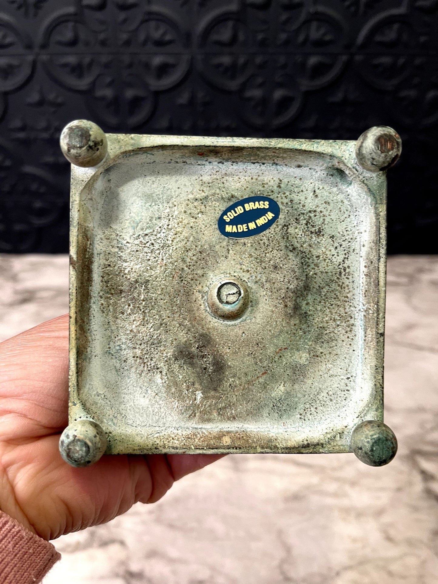 Brass Candle Holder Blue Patina