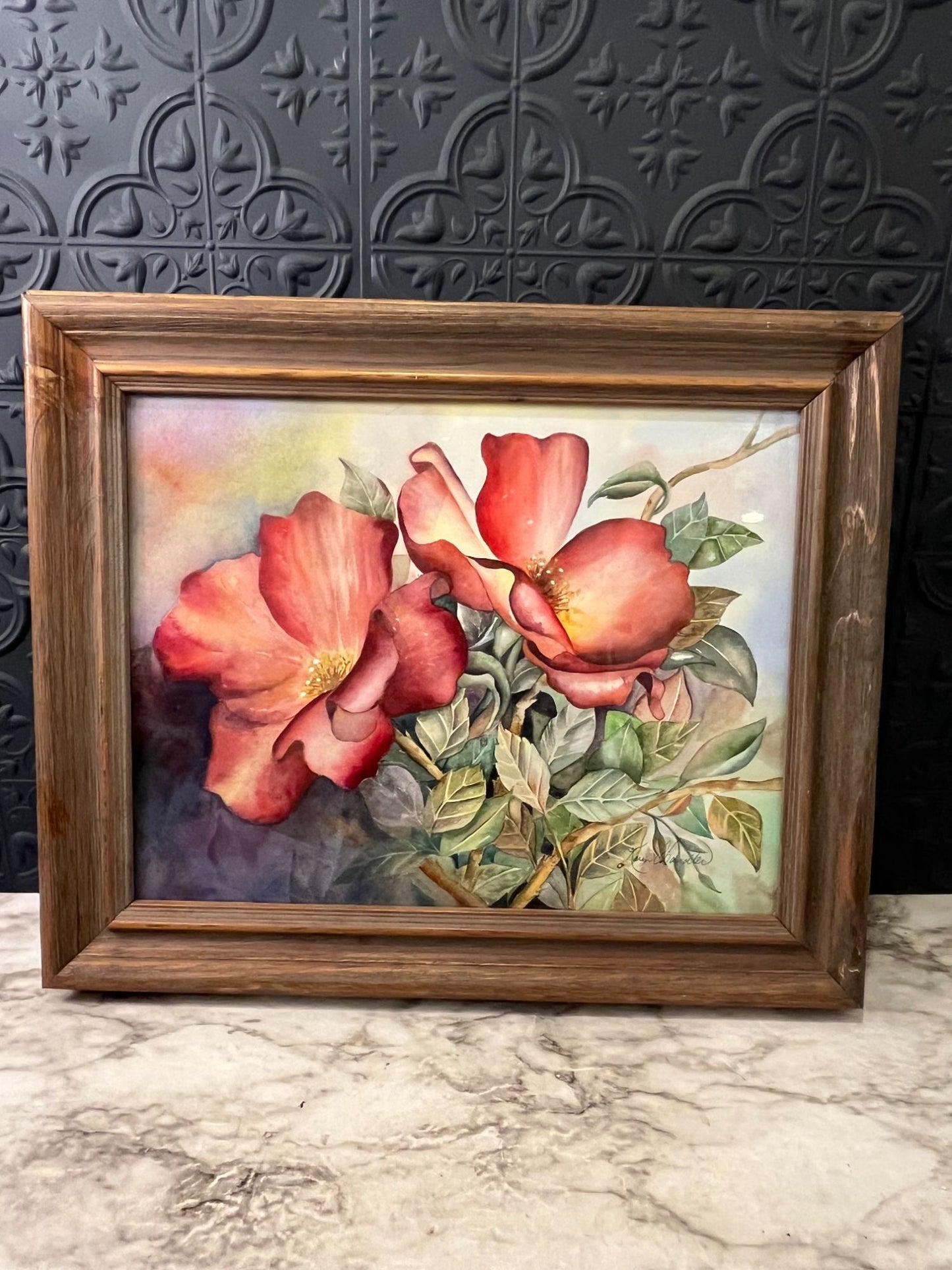 Original Watercolor Of Pink Flowers in Wood Frame Karen Chandler