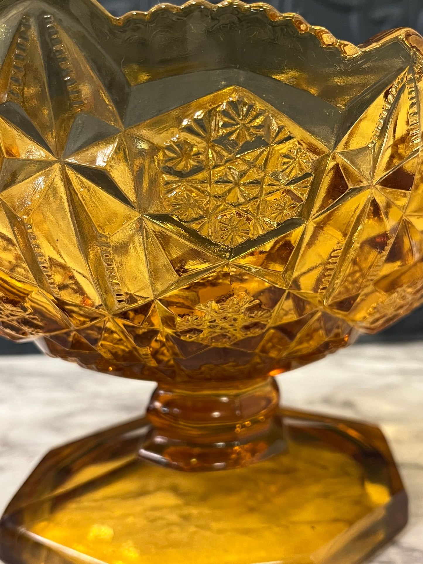 Kemble Wheaton Amber glass sawtooth pedestal bowl