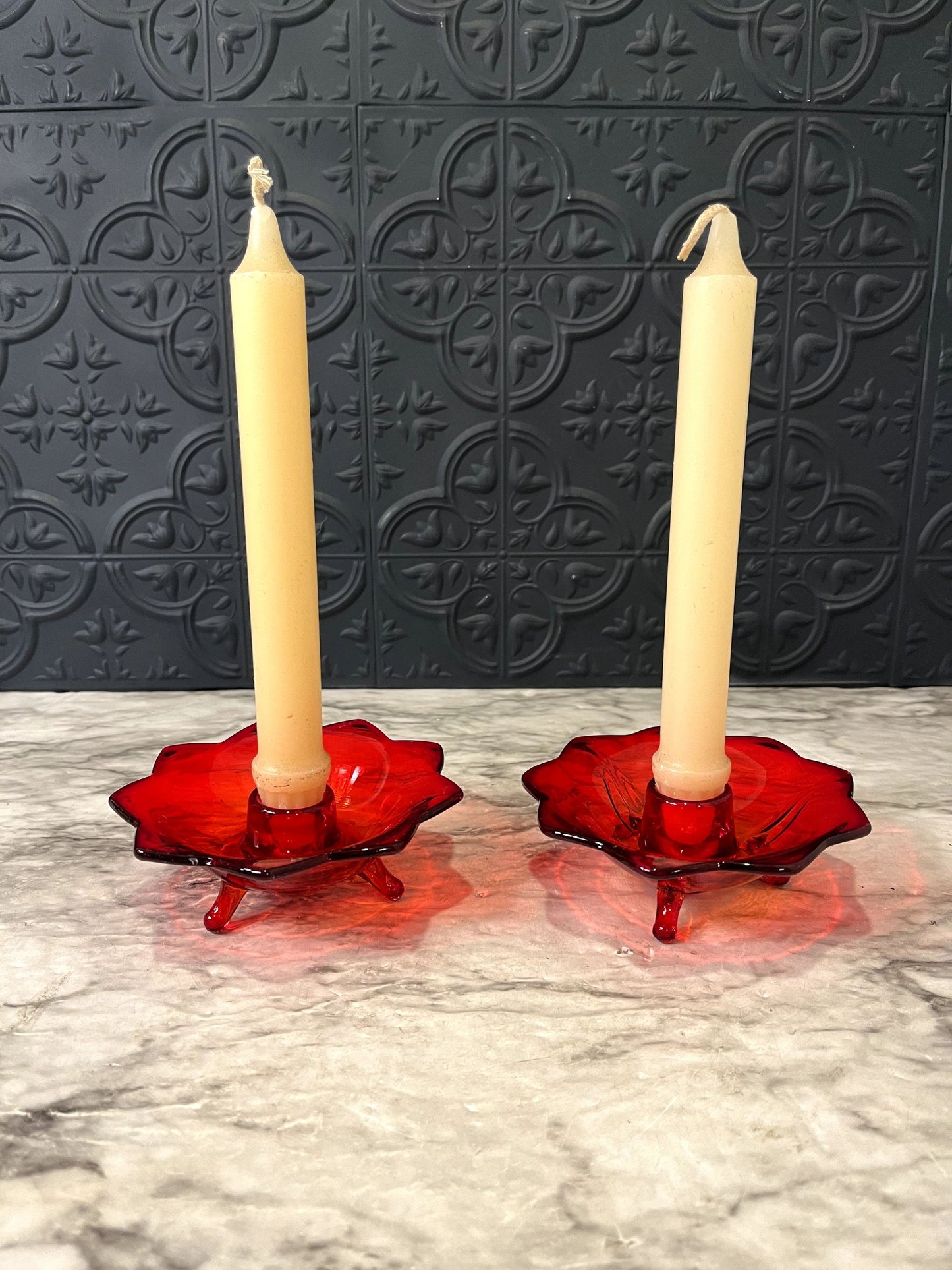 Ruby Red Fenton Flower candle holders x 2