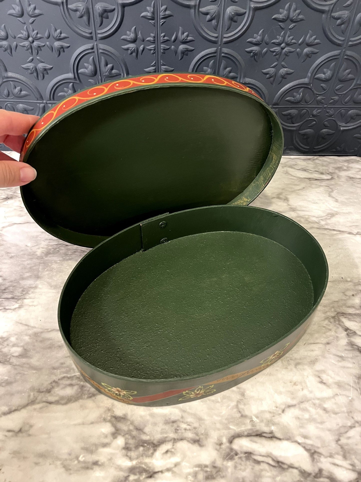 Hand Painted Red and Green Oval Box