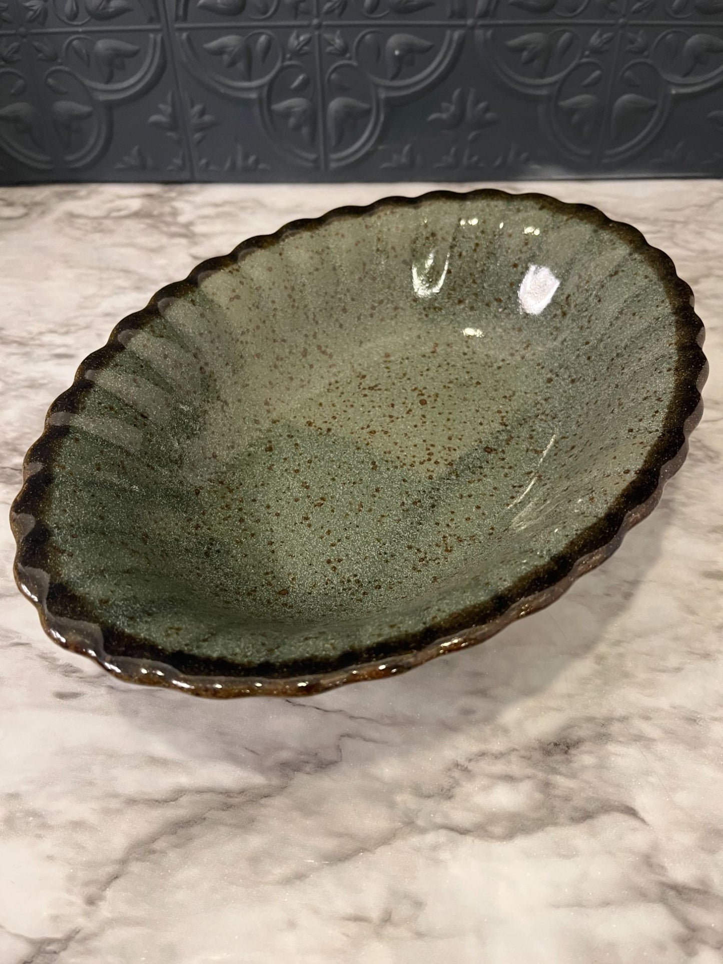 Green and Brown scallop Pottery Bowl