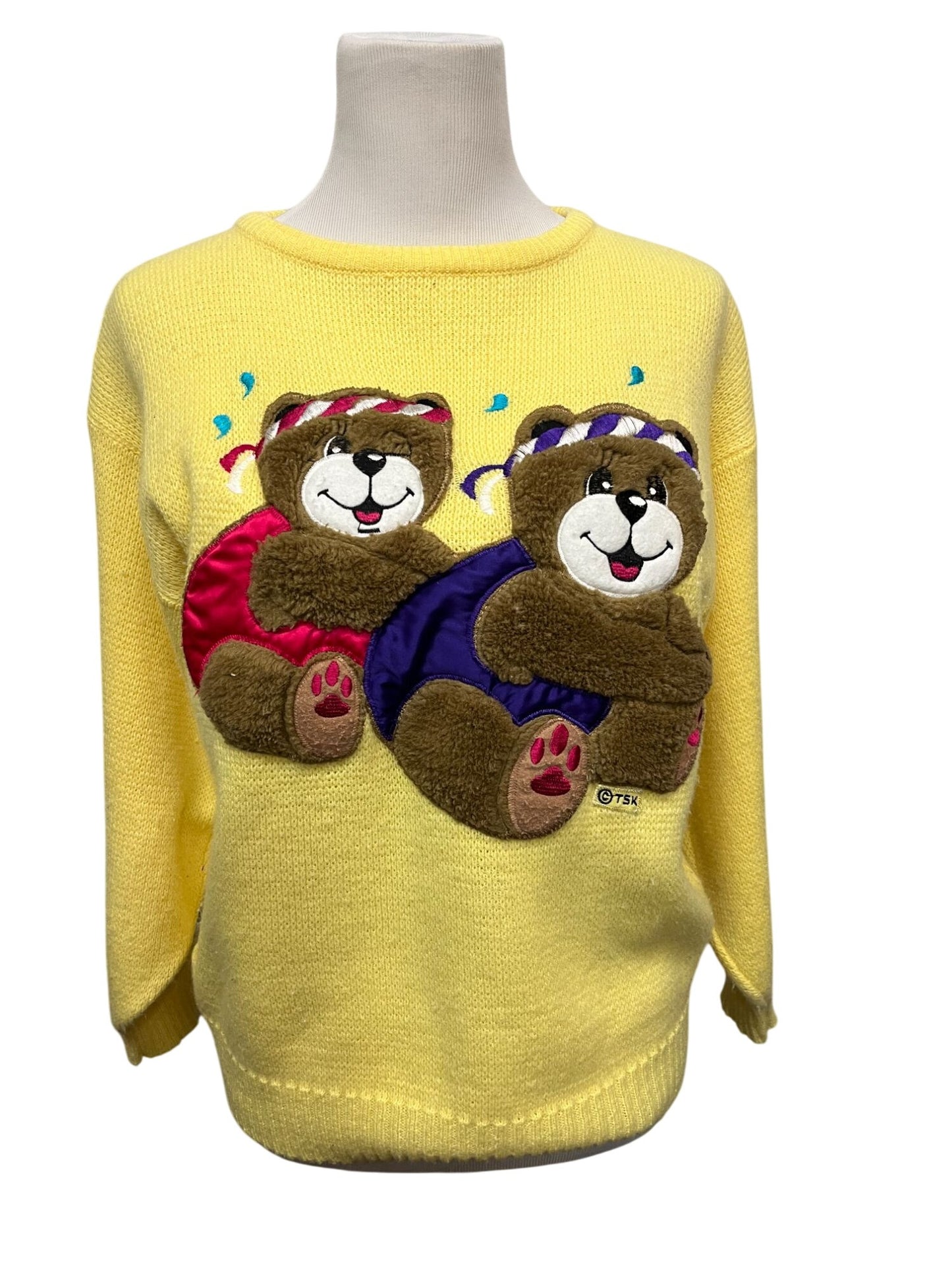 Vintage Pinwheel Yellow Knit Sweater With Embroidered Teddy Bears Design - Medium