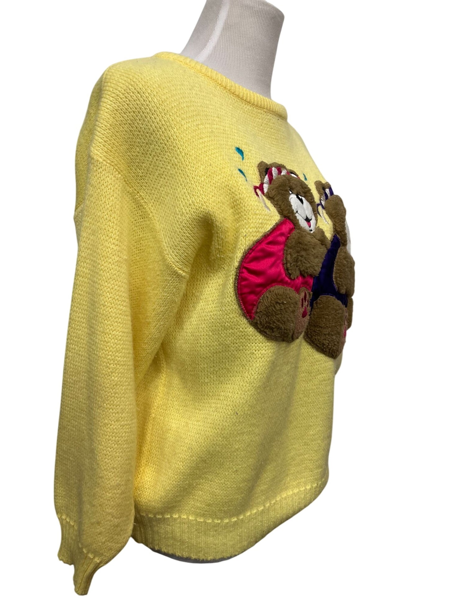 Vintage Pinwheel Yellow Knit Sweater With Embroidered Teddy Bears Design - Medium