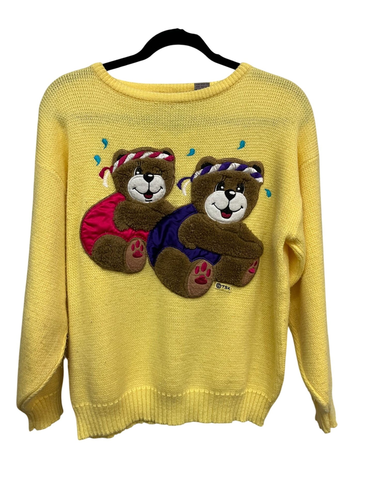 Vintage Pinwheel Yellow Knit Sweater With Embroidered Teddy Bears Design - Medium