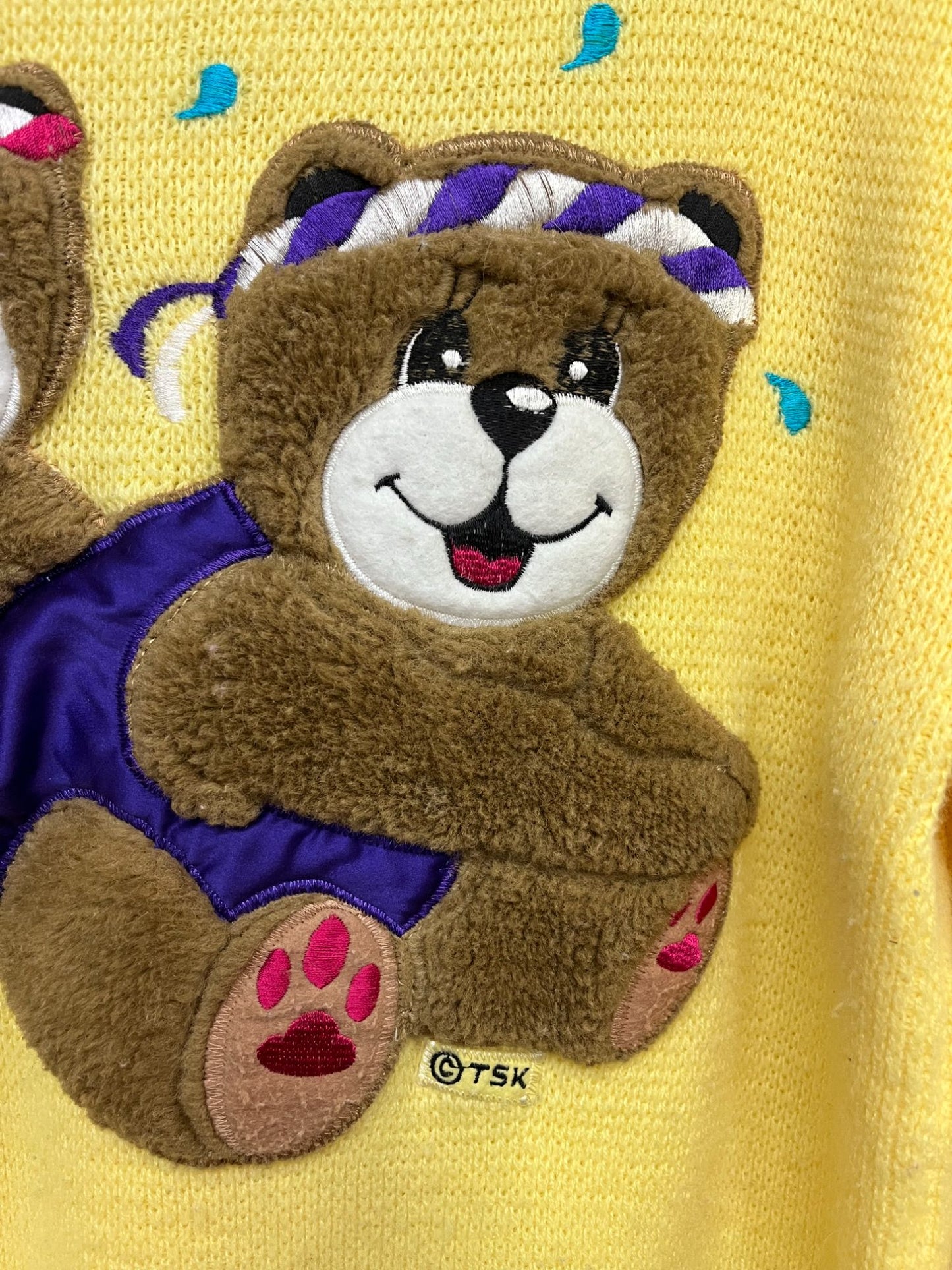 Vintage Pinwheel Yellow Knit Sweater With Embroidered Teddy Bears Design - Medium