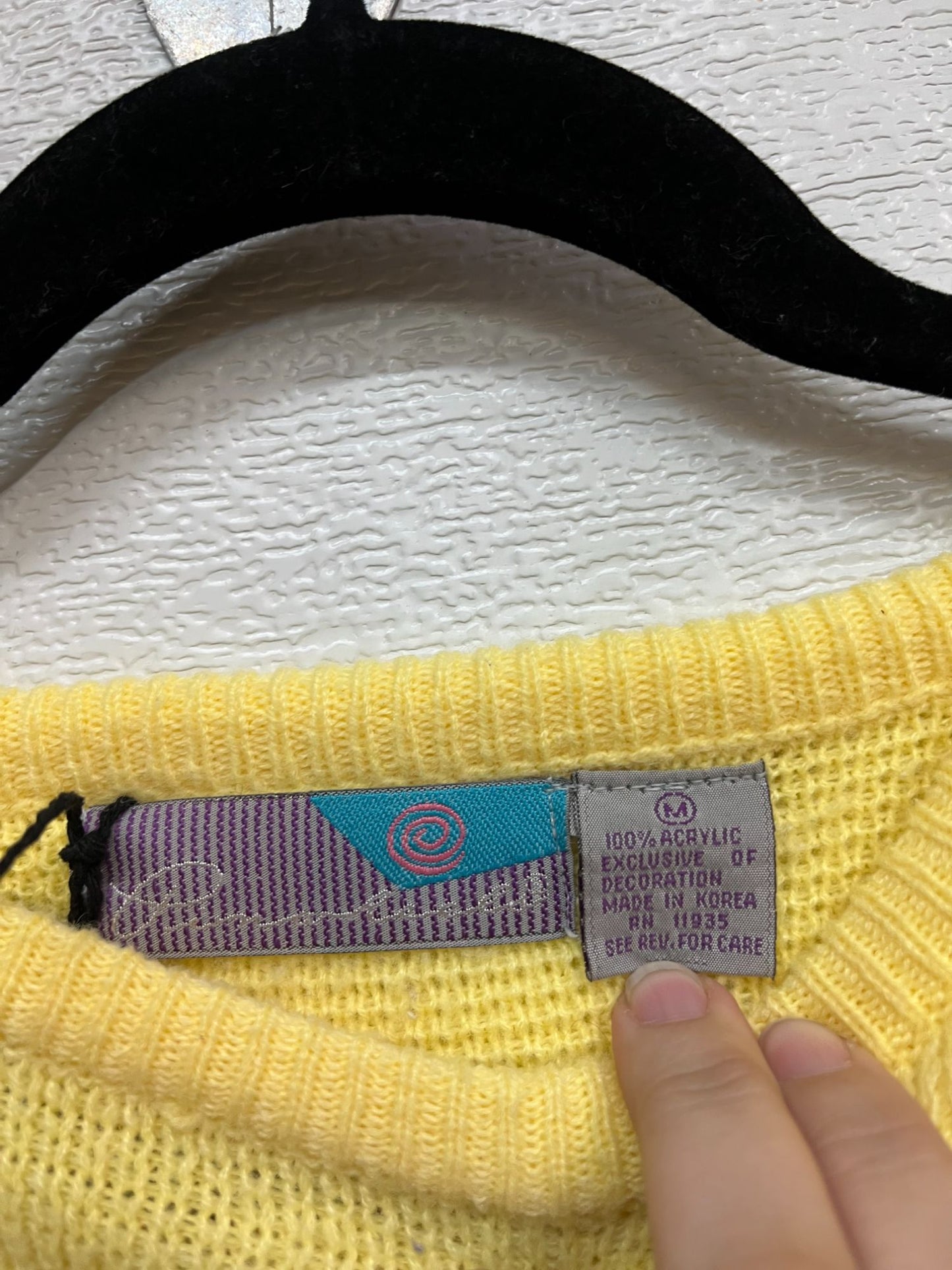 Vintage Pinwheel Yellow Knit Sweater With Embroidered Teddy Bears Design - Medium