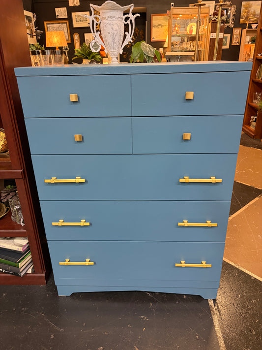 Tallboy Dresser Painted Blue with Gold Handles