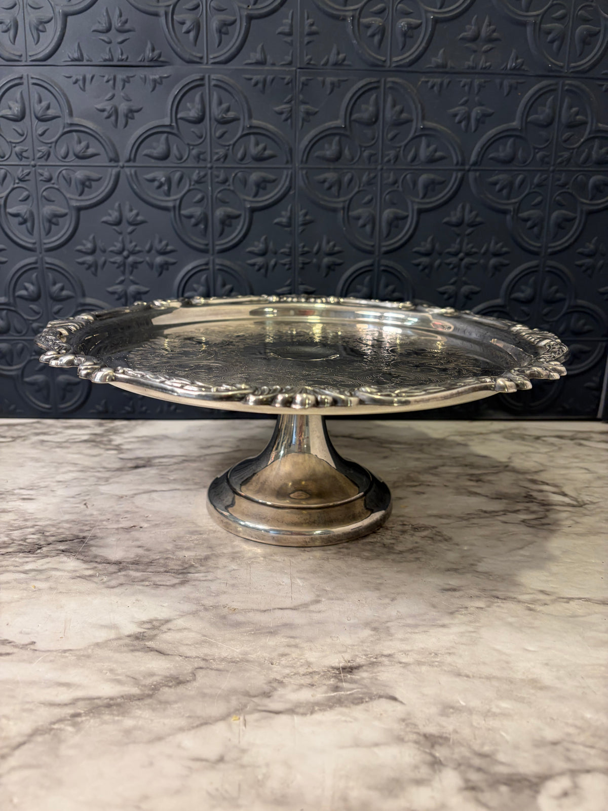 Silver Plated Pedestal Cake Stand Etched