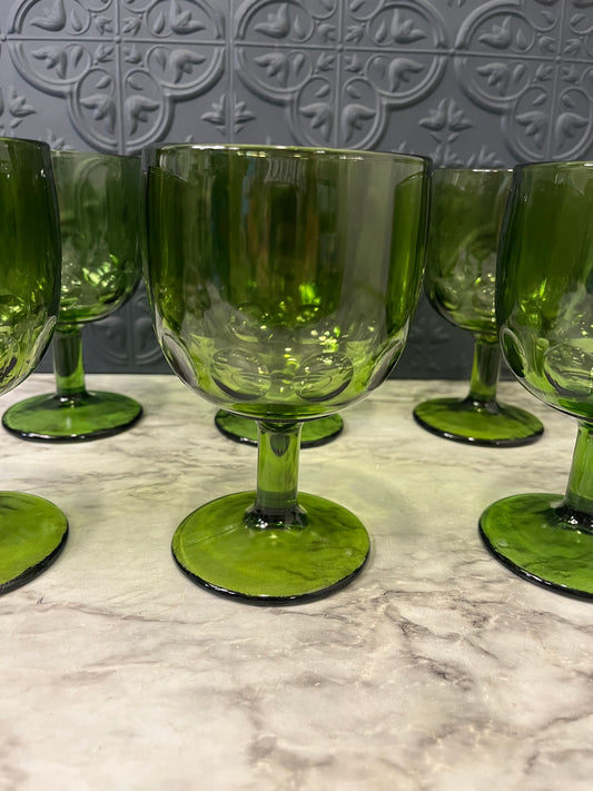 Barlett Collins Green Glass Thumbprint Goblet  x 6
