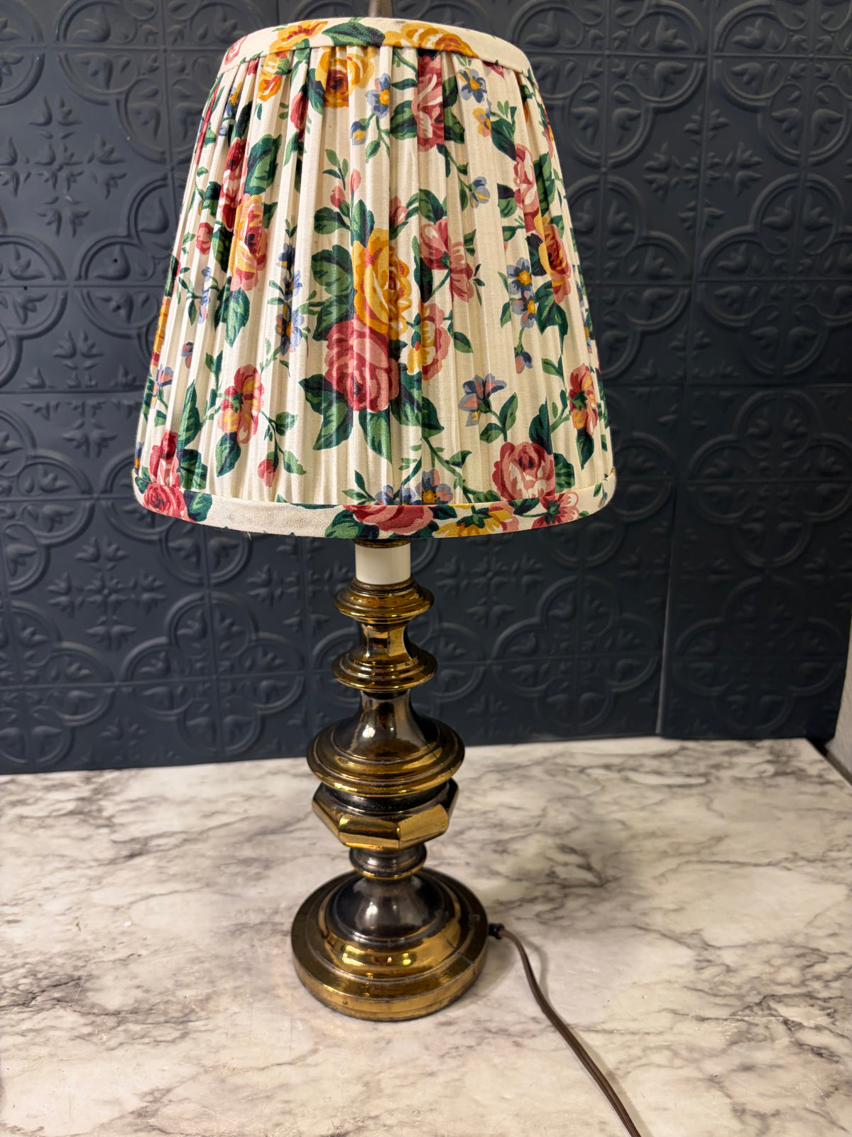 Brass Table Lamp with Floral Pleated Shade