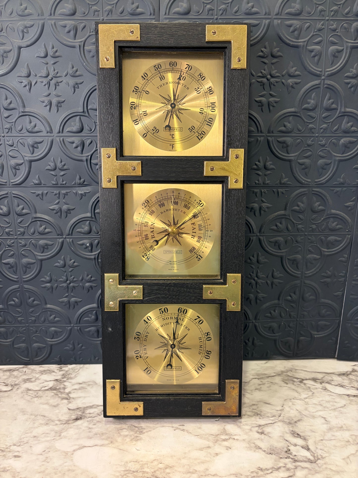 Vintage Springfield Weather Station Black with Brass Detail