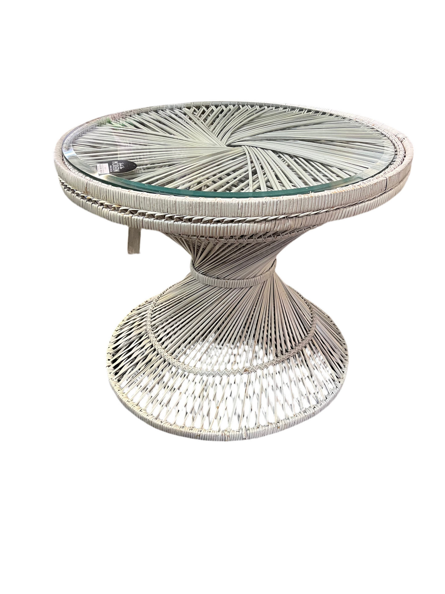 White  Wicker Round Table with Glass Top