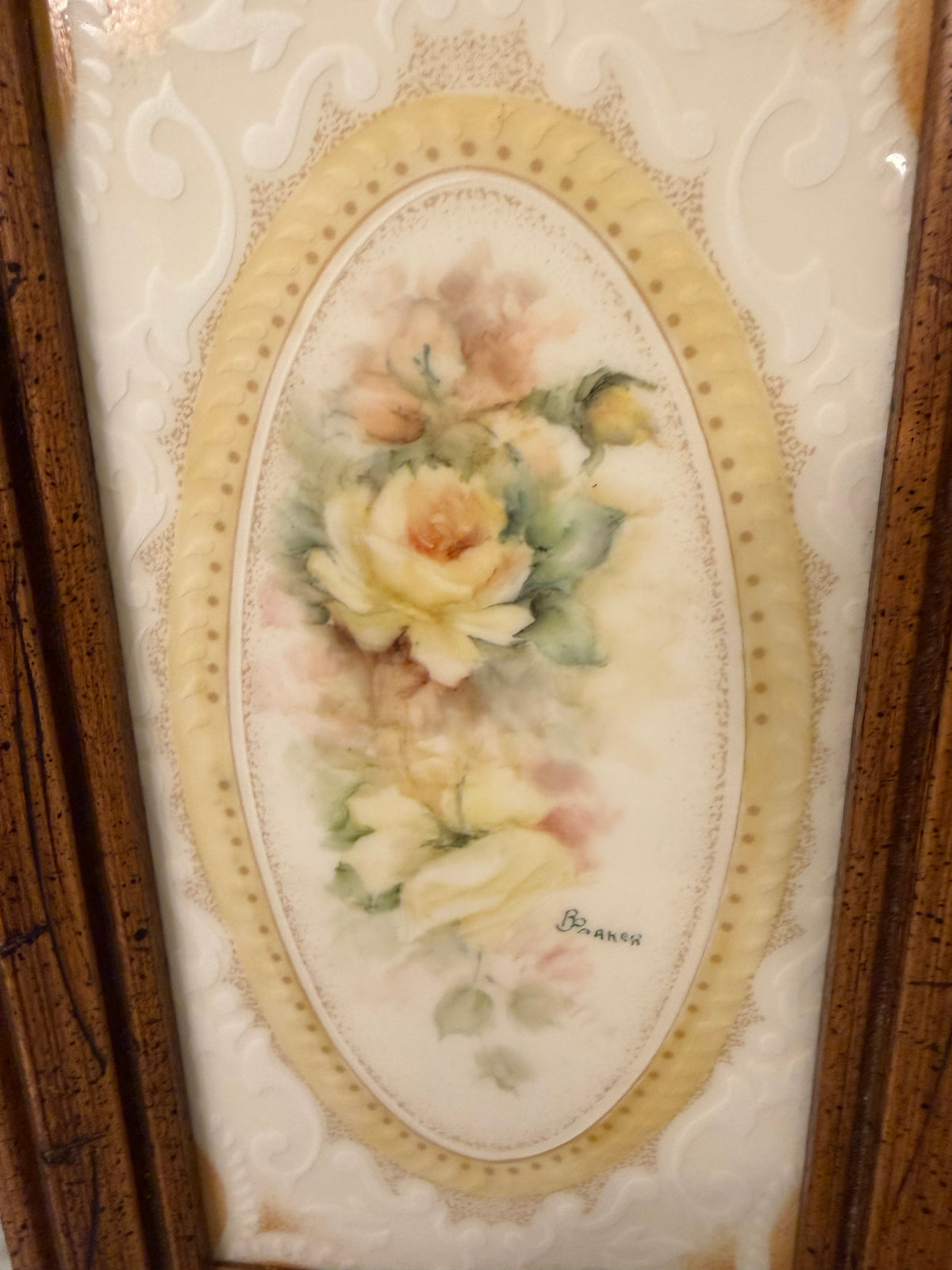 Decorative Floral Tile Framed in Rectangle Wood Frame