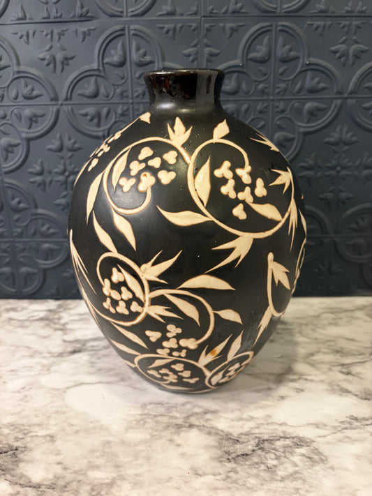 Black and Tan Ceramic Vase with Leaf Pattern