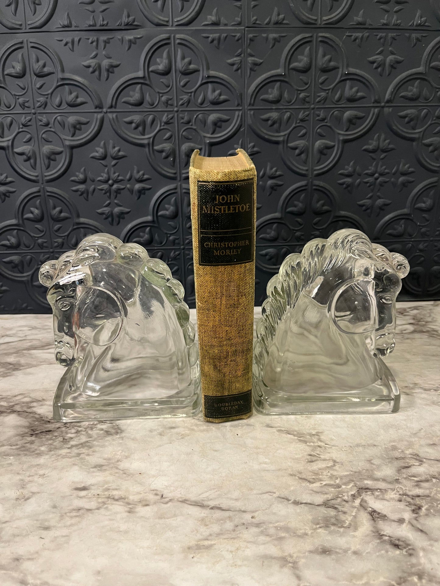 Clear glass horse head bookends x2