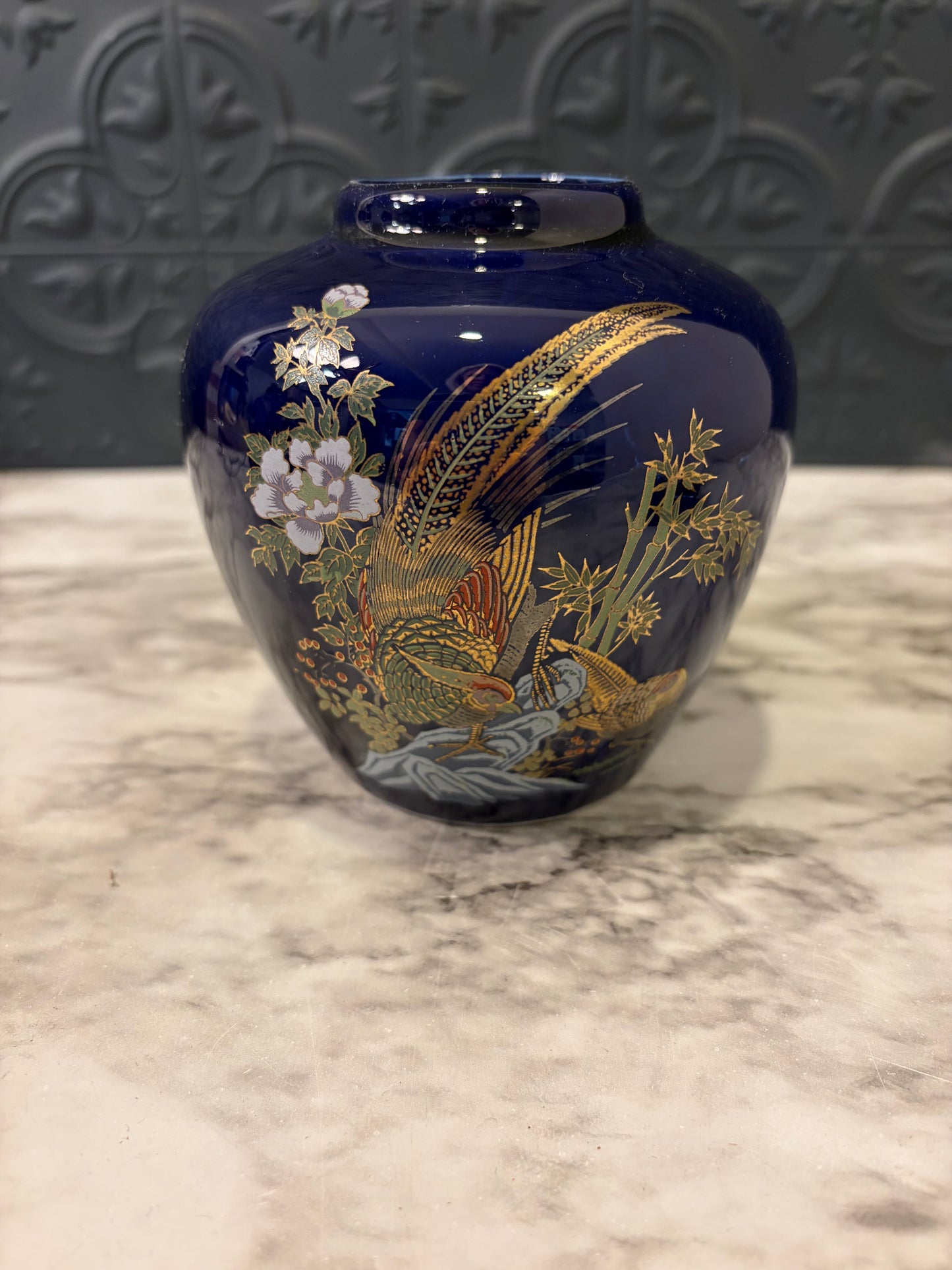 Cobalt Japanese Vase with Gold Trim pheasant