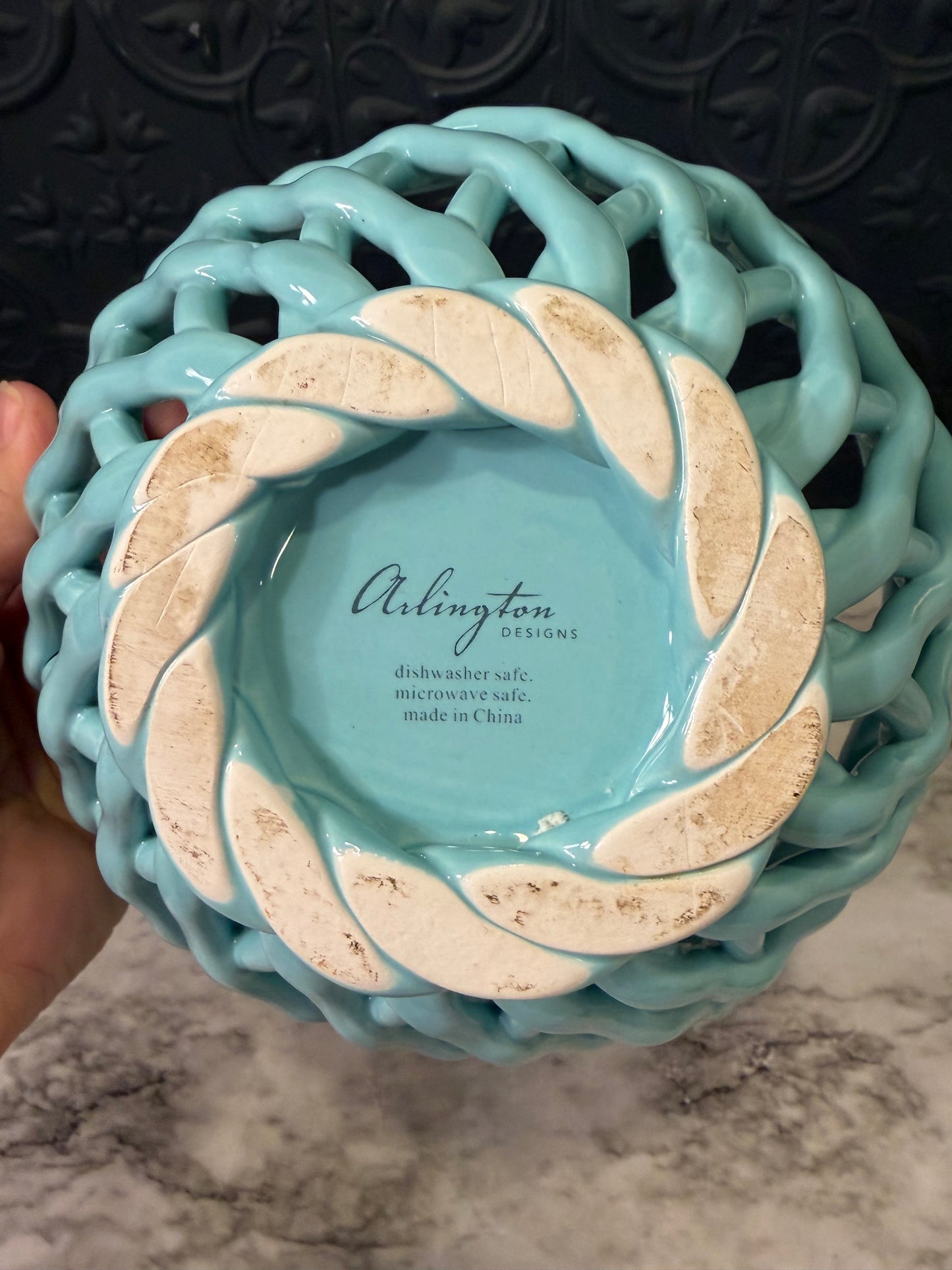 Aqua Ceramic Open Weave Bowl