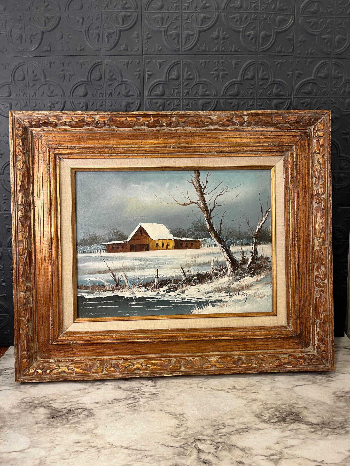 Winter Barn Painting in wood frame