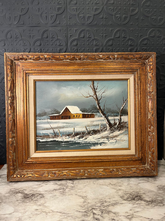 Winter Barn Painting in wood frame