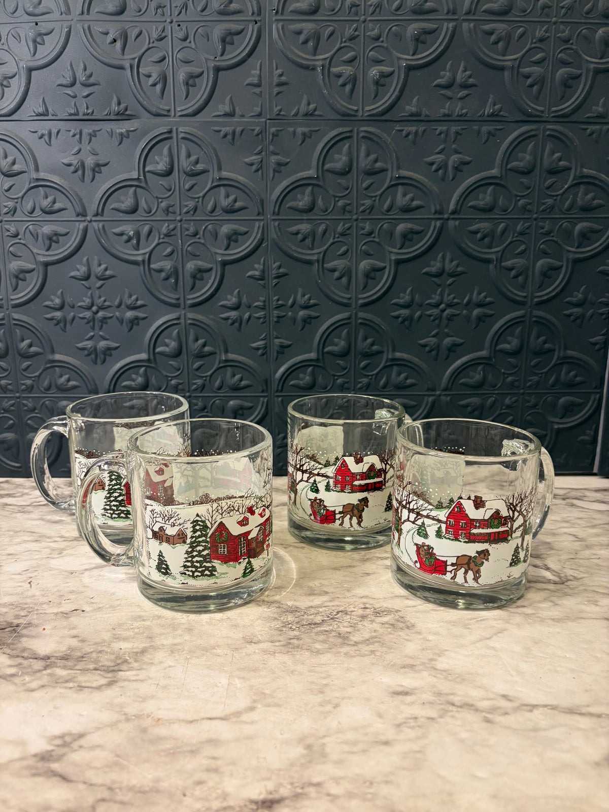 Libbey Vintage Christmas Village Glass Mug set of 4