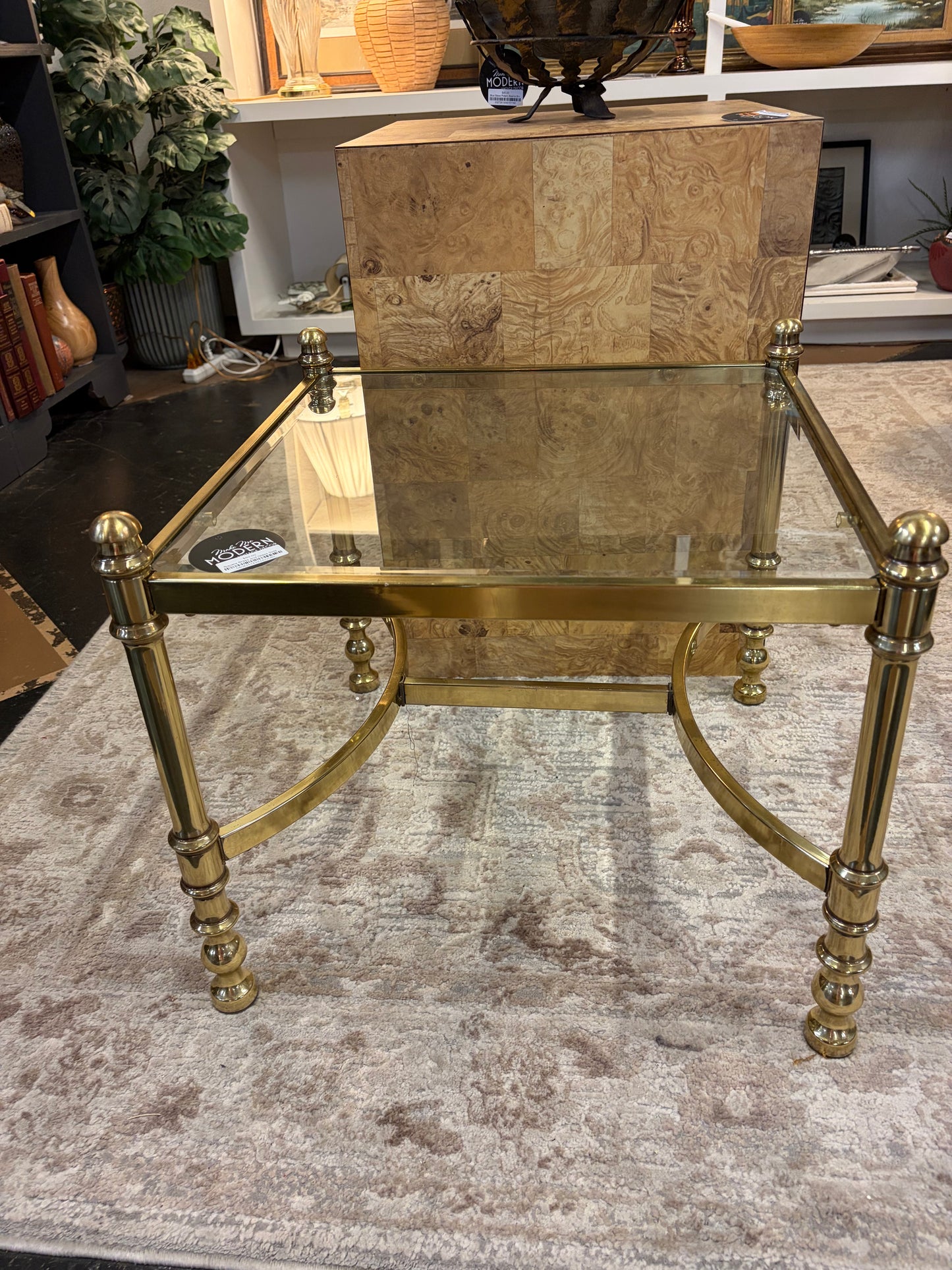 Square Brass and Glass Side Table with H Bottom