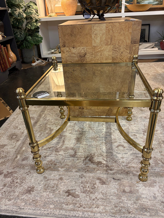 Square Brass and Glass Side Table with H Bottom