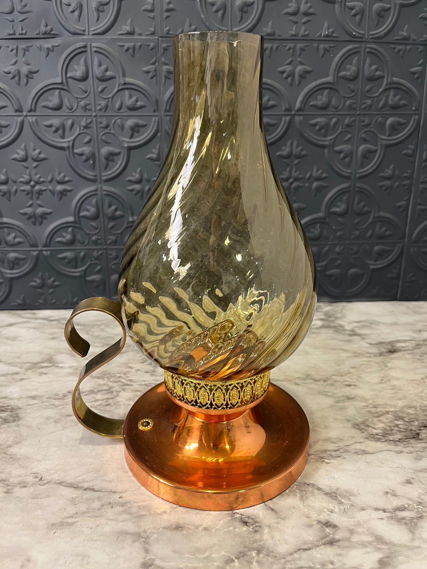 Copper and Brass Hurrican Lamp with Smoke Glass