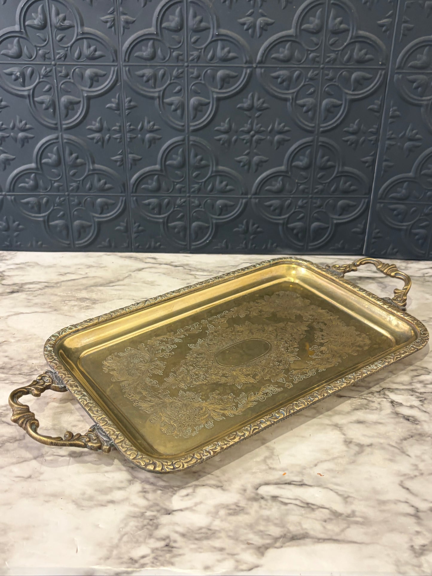 17" Etched Rectangle Metal Tray with Handles