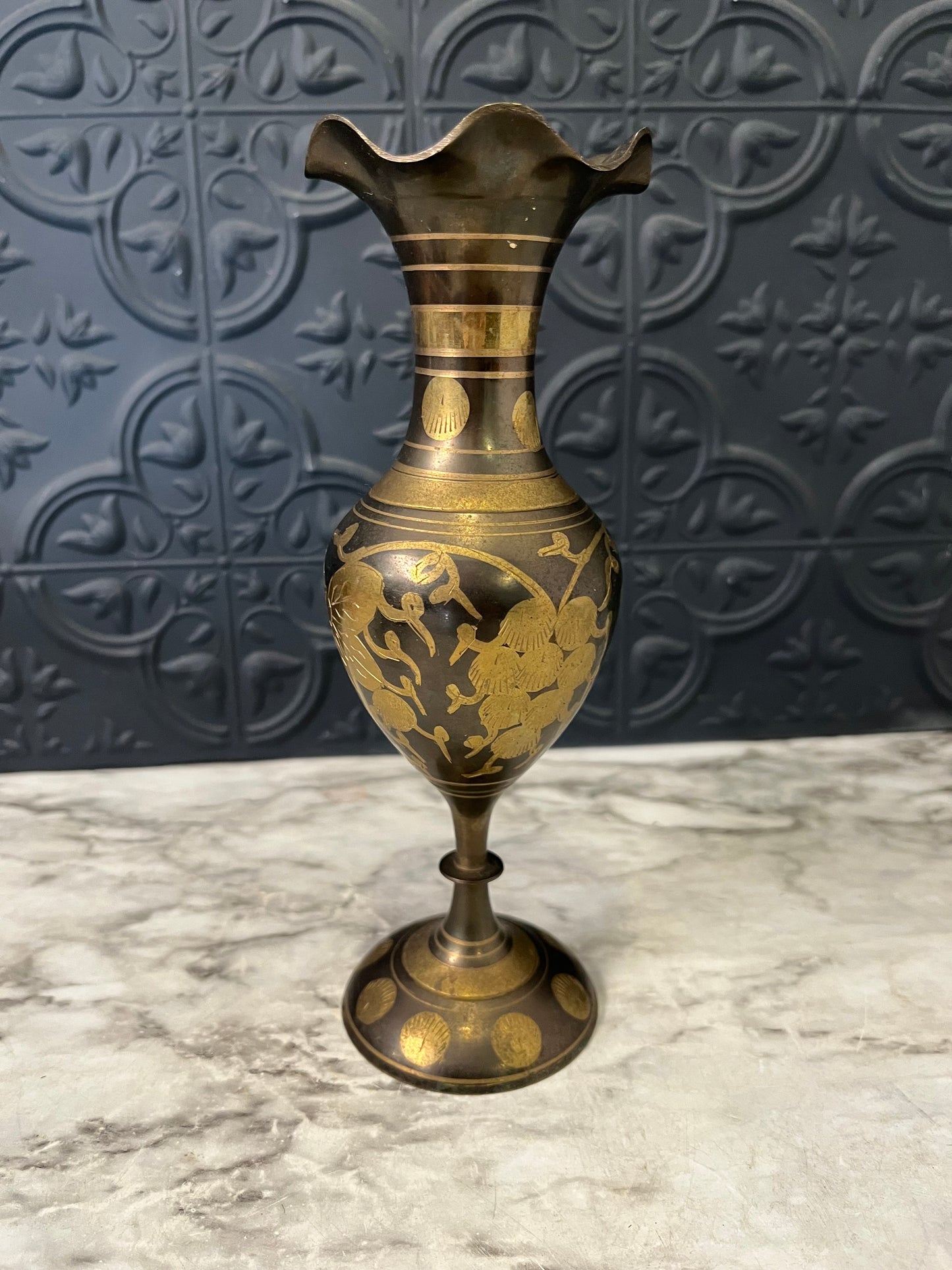 Etched two tone brass vase with ruffle top 7.75"