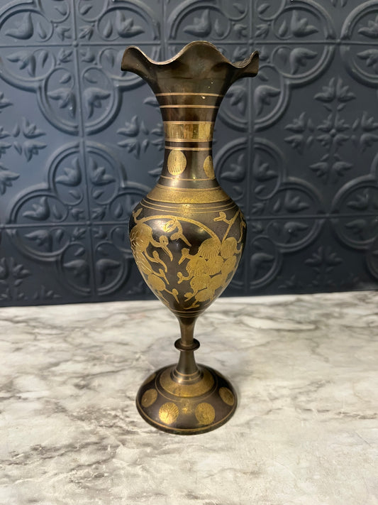Etched two tone brass vase with ruffle top 7.75"