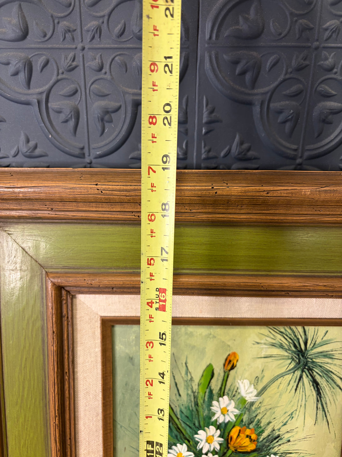 Original Painting of Flowers in Green and Wood Frame