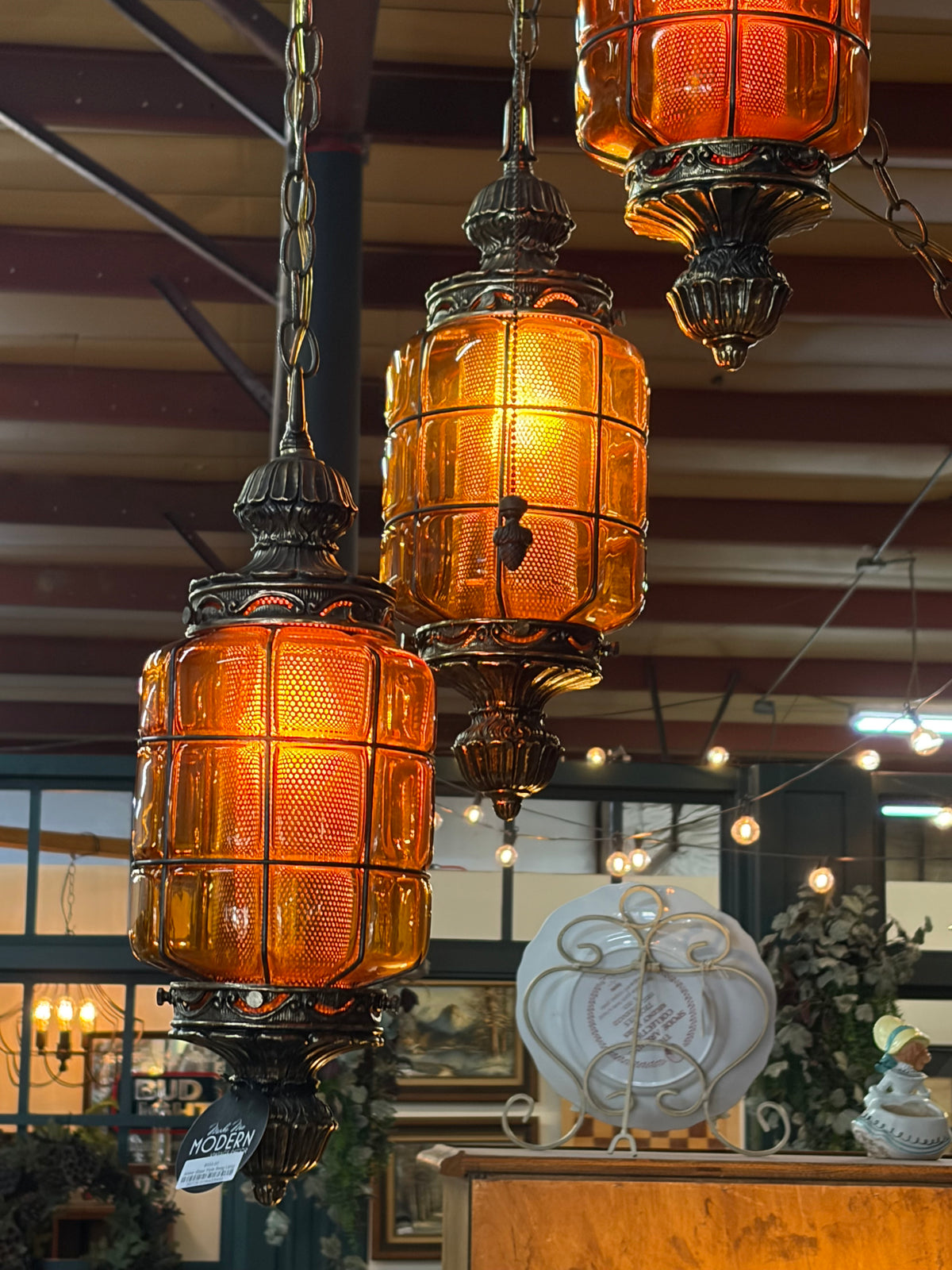 Amber Glass Triple Swag Lamp