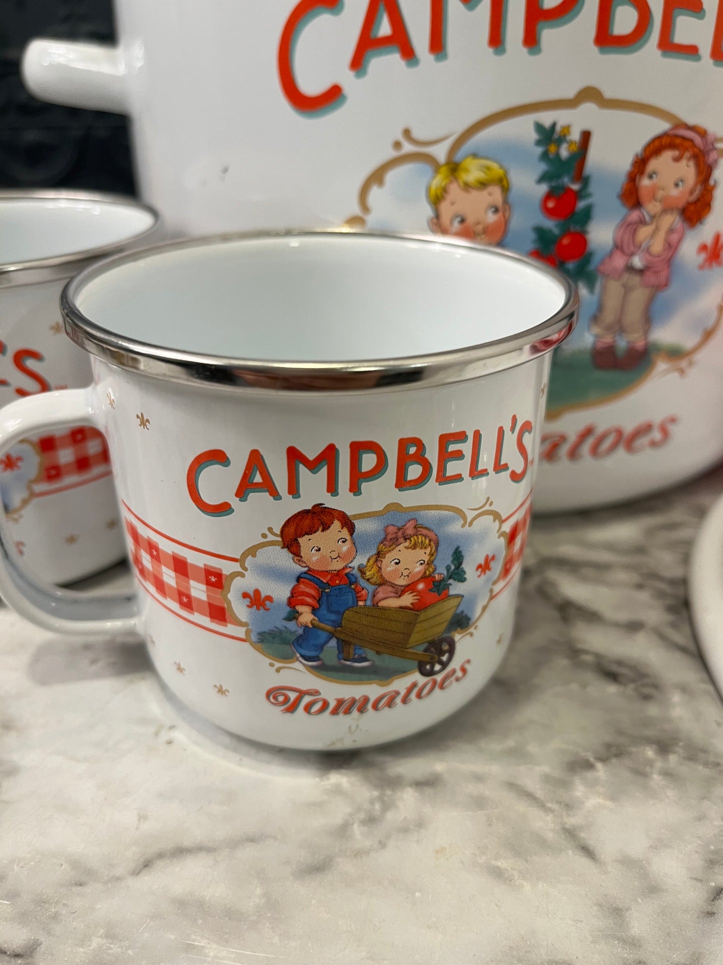 Vintage Enamel Campbell Soup Pot/mugs and Cook book